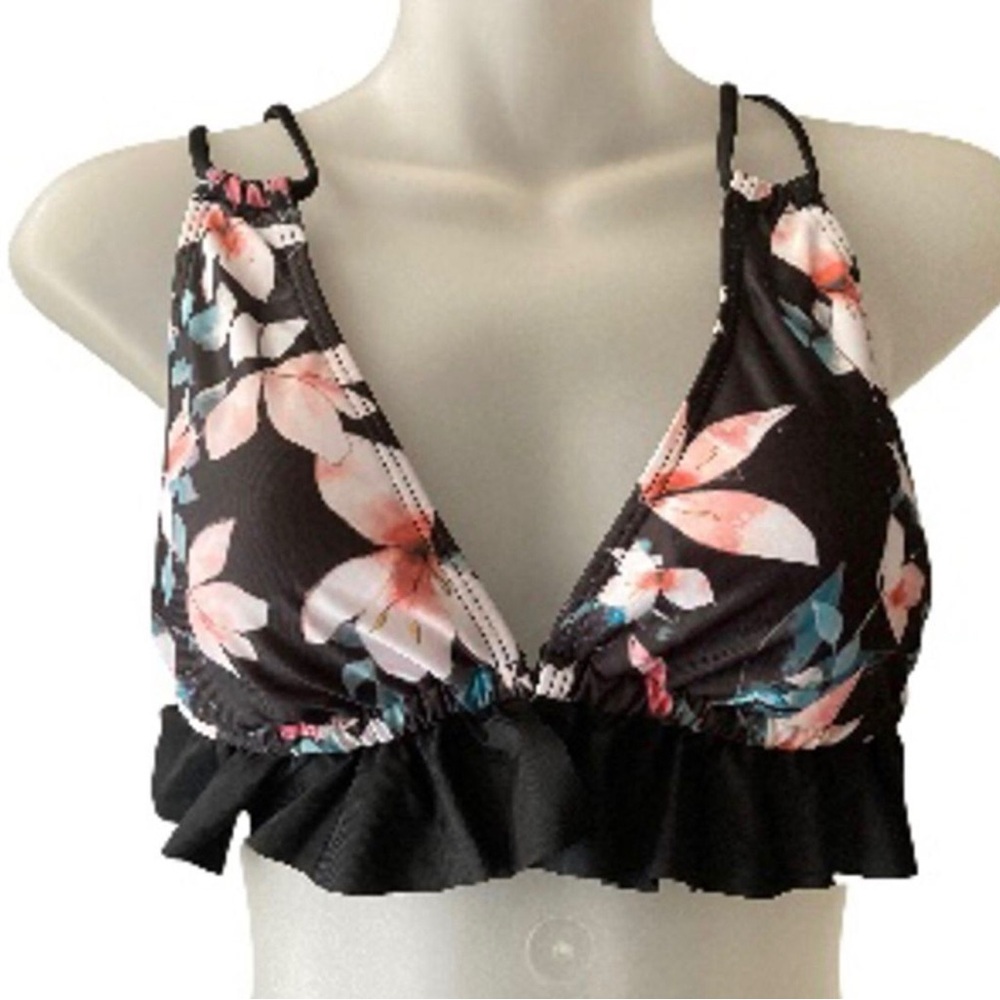 Black & Peach Floral Bikini Top with Ruffles